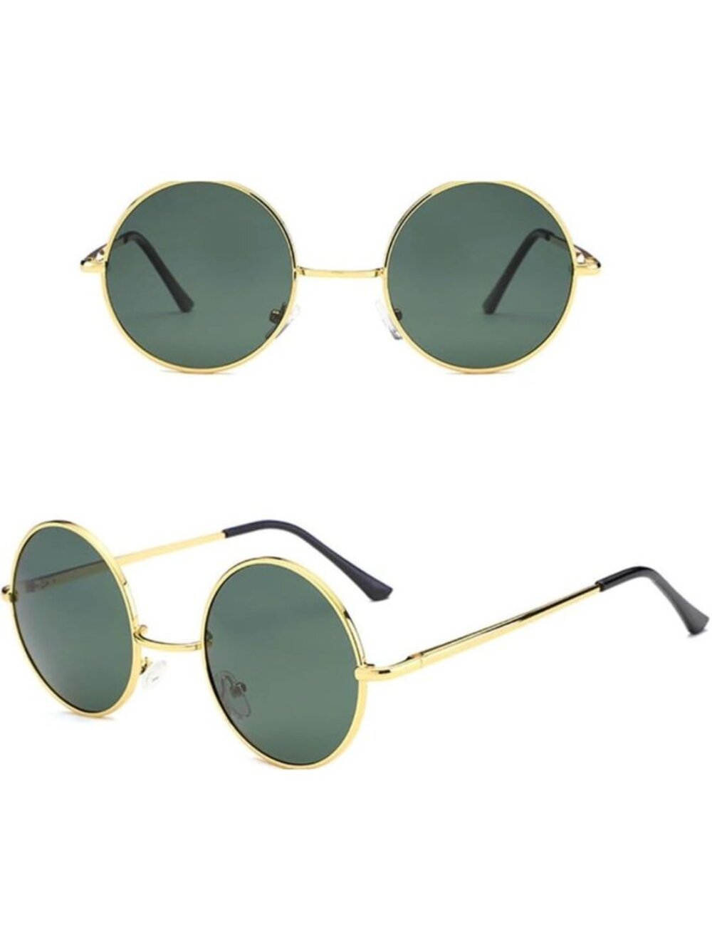 Retro Round Sunglasses With Gold Metal Frame & Dark Green Lenses